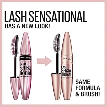 Maybelline Lash Sensational Washable Mascara, Lengthening and Volumizing for a Full Fan Effect, Blackest Black, 1 Count