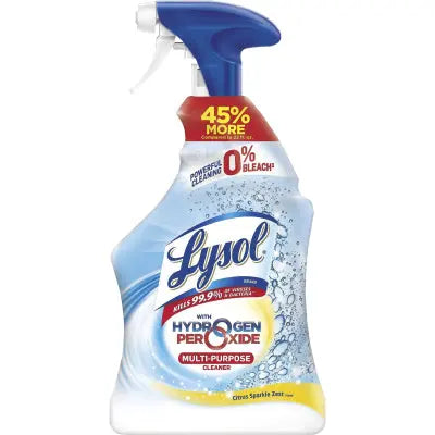 Lysol multi-purpose cleaner spray bottle with blue and white design on a white background