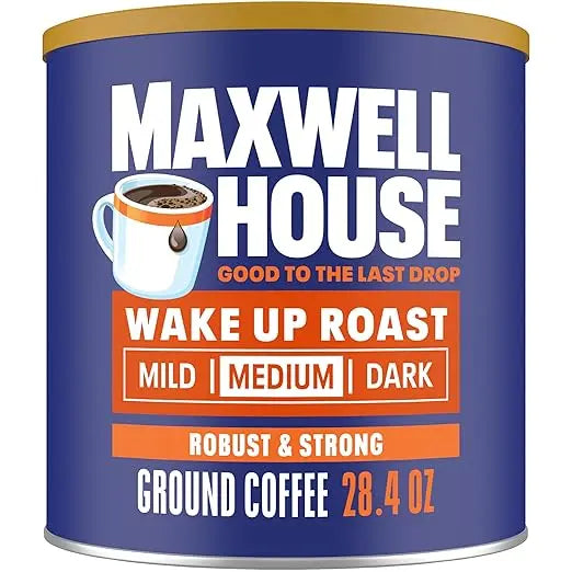 Maxwell House coffee can with blue and orange design on a white background