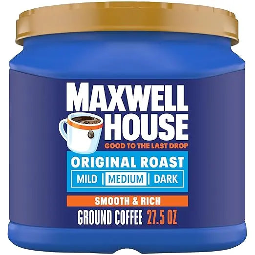 Blue container of Maxwell House ground coffee with gold lid on a white background