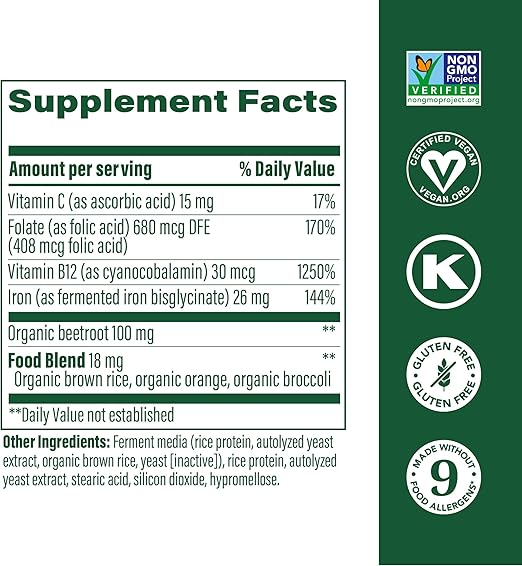 MegaFood Blood Builder Iron Supplement for Women & Men - Increase Iron Levels Without Side Effects - Combats Fatigue - Vitamin B12, Folic Acid & Vitamin C - Vegan - 72 Mini Tablets (36 Servings)