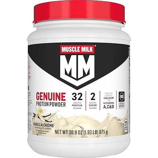 Muscle Milk Genuine Protein Powder, Vanilla Crème, 1.93 Pounds, 12 Servings, 32g Protein, 2g Sugar, Calcium, Vitamins A, C & D, NSF Certified for Sport, Energizing Snack, Packaging May Vary Retailxpres