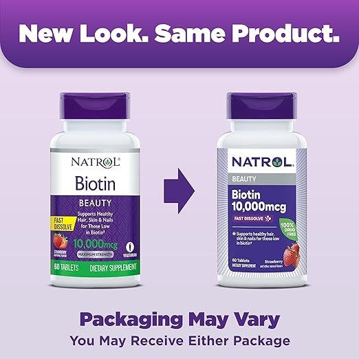 Natrol Biotin 10000mcg, 4X Faster Dissolve Supplement for Healthy Hair, Skin and Nails for Those Low in Biotin, Plus Energy Metabolism Support, 60 Tablets, Up to a 60 Day Supply