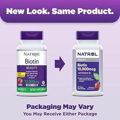 Natrol Biotin 10000mcg, 4X Faster Dissolve Supplement for Healthy Hair, Skin and Nails for Those Low in Biotin, Plus Energy Metabolism Support, 60 Tablets, Up to a 60 Day Supply
