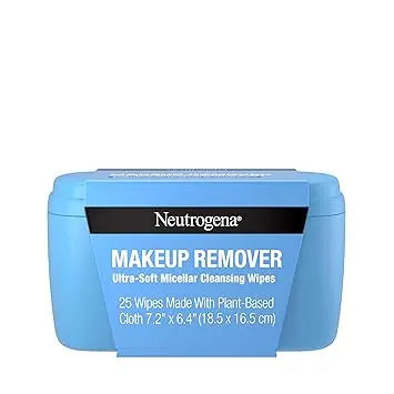 Neutrogena Makeup Remover Wipes, Daily Ultra-Soft Micellar Cleansing Wipes Gently Re-move Oil & Makeup with No Heavy Residue, formulated without alcohol & Made with Plant-Based Cloth, 25 Ct with Case Retailxpres