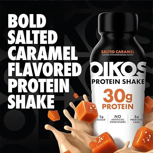 Oikos Protein Shake, Salted Caramel, 30g High Protein Drinks, Shelf Stable, Ready to Drink, 5g Prebiotic Fiber, 12 fl oz Bottle, 4 Count Retailxpres