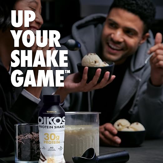 Oikos Protein Shake, Salted Caramel, 30g High Protein Drinks, Shelf Stable, Ready to Drink, 5g Prebiotic Fiber, 12 fl oz Bottle, 4 Count
