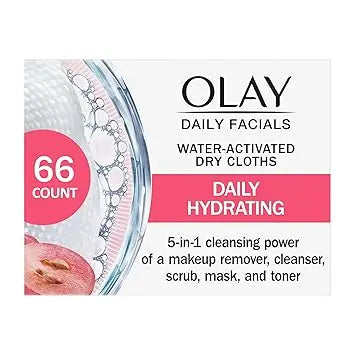 Olay Daily Facials, Daily Clean Makeup Removing Facial Cleansing Wipes, 5-in-1 Water Activated Cloths, Exfoliates, Tones and Hydrates Skin, 66 count Retailxpres