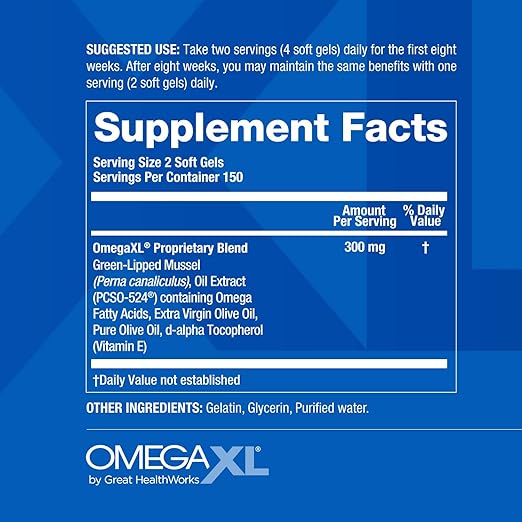 OmegaXL Joint Support Supplement - Natural Muscle Support, Green Lipped Mussel Oil, Soft Gel Pills, Drug-Free, 300 Count