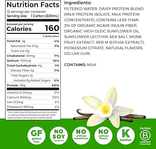 Orgain 30g High Protein Shake, Dairy Isolate Milk Protein, Vanilla Bean, 5g BCAAs, 1g Sugar Per Serving, Meal Replacement, Ready to Drink, Keto Friendly, Gluten-Free 11 Fl Oz (Pack of 12)