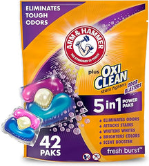 ARM & HAMMER Plus OxiClean with Odor Blasters 5-in-1 Laundry Detergent Power Paks, Laundry Odor Remover, Eliminates Odors, Attacks Stains, Fresh Burst Scent, 42 Count