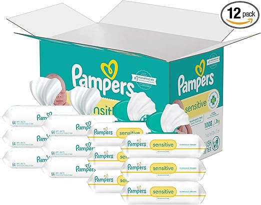 Pampers Sensitive Baby Wipes, Water Based, Hypoallergenic and Unscented, 8 Flip-Top Packs, 4 Refill Packs (1008 Wipes Total)