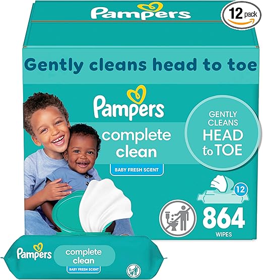 Pampers Baby Wipes, Complete Clean Baby Fresh Scented Wipe, Gently Cleans Head to Toe, 864 Total (12 Flip-Top Packs)