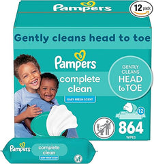 Pampers Baby Wipes, Complete Clean Baby Fresh Scented Wipe, Gently Cleans Head to Toe, 864 Total (12 Flip-Top Packs)