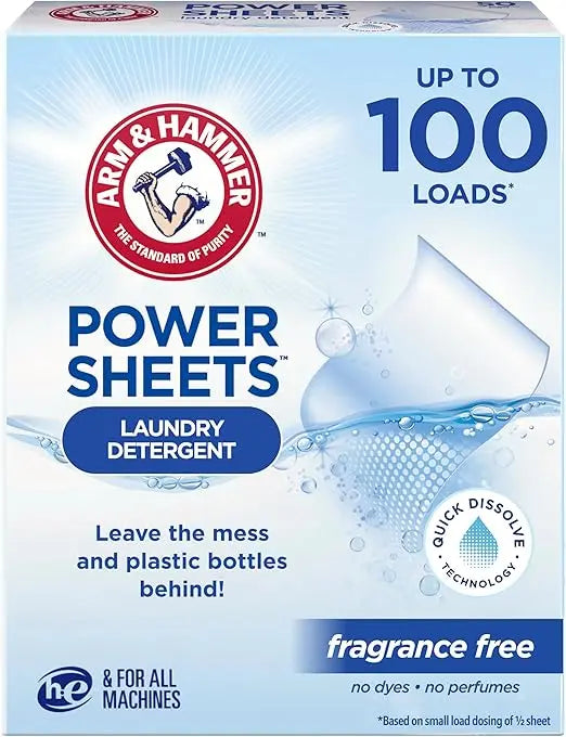 ARM & HAMMER Power Sheets Laundry Detergent, Fragrance Free, Dermatologist Tested Concentrated Laundry Detergent Sheets, 50 Count, up to 100 Small Loads Retailxpres