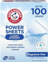 ARM & HAMMER Power Sheets Laundry Detergent, Fragrance Free, Dermatologist Tested Concentrated Laundry Detergent Sheets, 50 Count, up to 100 Small Loads