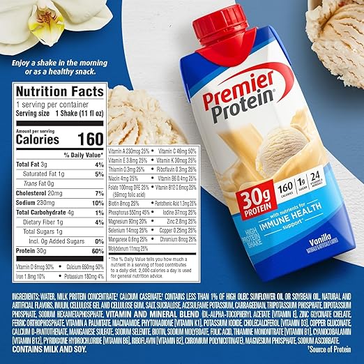 Premier Protein Protein Shake, Vanilla, 30g Protein, No Added Sugar, 11 fl oz Pack of 12 (Packaging May Vary)