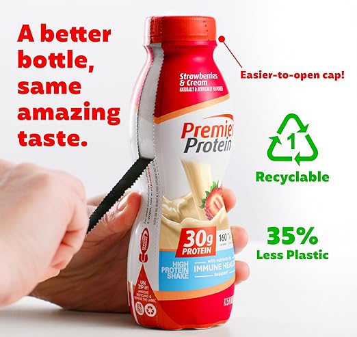 Premier Protein Shake, Strawberries & Cream, 30g Protein, 1g Sugar, 24 Vitamins & Minerals, Nutrients to Support Immune Health,11.5 fl oz