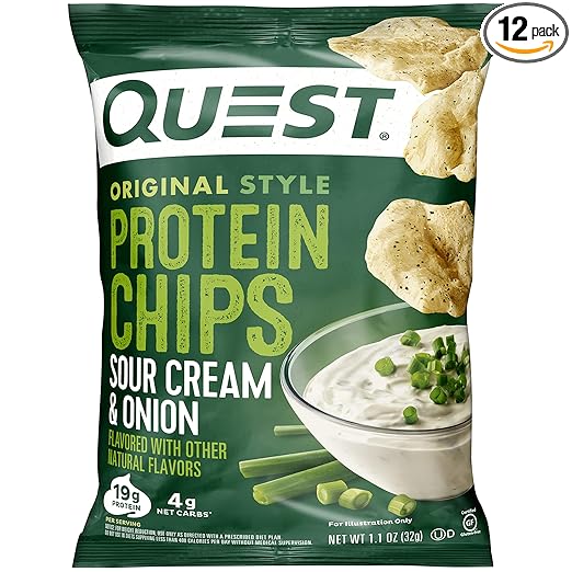 Quest Nutrition Sour Cream & Onion Protein Chips, 19g Protein, 4g Net Carbs, Low Carb, Gluten Free, 1.1 oz (Pack of 12)