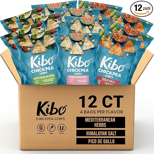 Kibo Chickpea Chips 3 Flavor Variety Pack - High Protein-Fiber, Plant-Based, Gluten-Free, Non-GMO, Vegan, Made with Real Veggies - 1 oz, 12 Pack Retailxpres