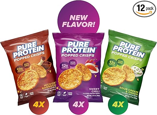 Pure Protein Popped Crisps, High Protein Snack, 12G Protein, Variety Pack: Hickory Barbecue, Sour Cream & Onion, Sweet Chili, 12 Count