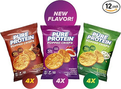 Pure Protein Popped Crisps, High Protein Snack, 12G Protein, Variety Pack: Hickory Barbecue, Sour Cream & Onion, Sweet Chili, 12 Count