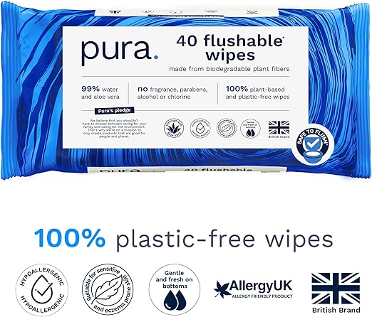 Pura Adult XL Flushable Unscented Wipes, 2 Packs of 40 Toilet Wipes (80 Wipes) Adult Wet Wipes, 99% Water & Aloe Vera, Personal Cleansing Wipes, Sensitive Skin