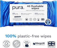 Pura Adult XL Flushable Unscented Wipes, 2 Packs of 40 Toilet Wipes (80 Wipes) Adult Wet Wipes, 99% Water & Aloe Vera, Personal Cleansing Wipes, Sensitive Skin