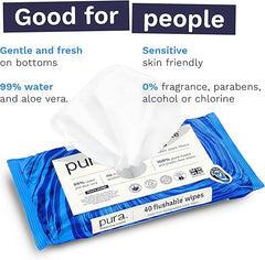 Pura Adult XL Flushable Unscented Wipes, 2 Packs of 40 Toilet Wipes (80 Wipes) Adult Wet Wipes, 99% Water & Aloe Vera, Personal Cleansing Wipes, Sensitive Skin