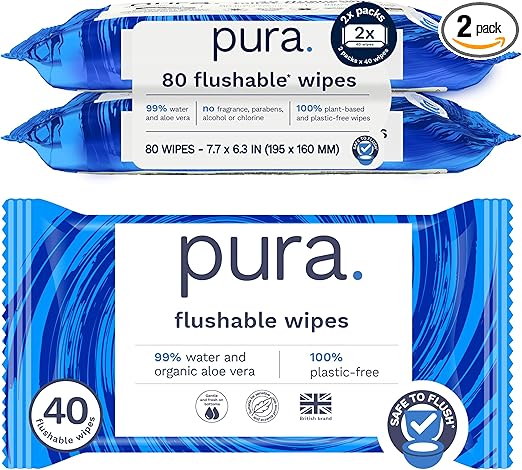 Pura Adult XL Flushable Unscented Wipes, 2 Packs of 40 Toilet Wipes (80 Wipes) Adult Wet Wipes, 99% Water & Aloe Vera, Personal Cleansing Wipes, Sensitive Skin