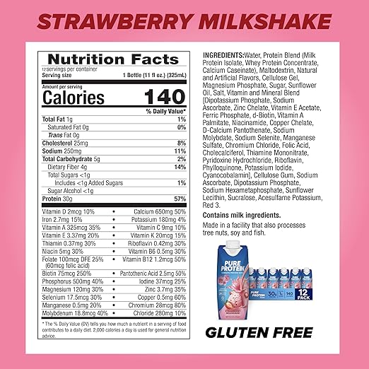 Pure Protein Strawberry Protein Shake, 30g Complete Protein, Ready to Drink and Keto-Friendly, Vitamins A, C, D, and E plus Zinc to Support Immune Health, 11oz Bottles, 12 Pack