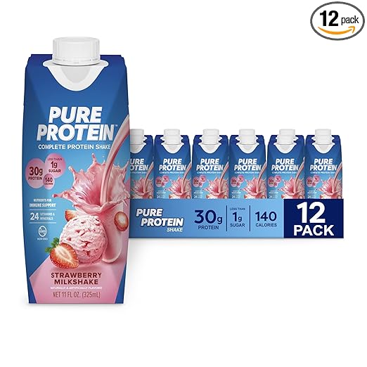 Pure Protein Strawberry Protein Shake, 30g Complete Protein, Ready to Drink and Keto-Friendly, Vitamins A, C, D, and E plus Zinc to Support Immune Health, 11oz Bottles, 12 Pack