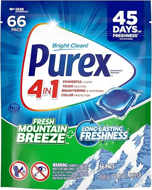 Purex 4-in-1 Laundry Detergent Pacs, Fresh Mountain Breeze, 66 Pacs Retailxpres