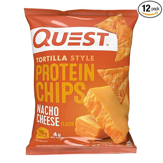 Quest Nutrition Nacho Cheese Tortilla Style Protein Chips, 18g Protein, 4g Net Carb, Low Carb, Gluten Free, 1.1 oz (Pack of 12)