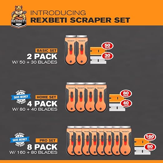 REXBETI Razor Blade Scraper Tool, 2 Pack Razor Scraper Set with Extra 80Pcs Razor Blades -30Pcs Metal and 50Pcs Plastic Blades, Cleaning Scraper Tool, Cooktop, Paint, Glass Scraper