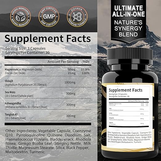 Shilajit Supplement with Sea Moss, Ashwagandha, Tongkat Ali - Shilajit Pure Himalayan Organic Fulvic Acid Capsules - 90 Count