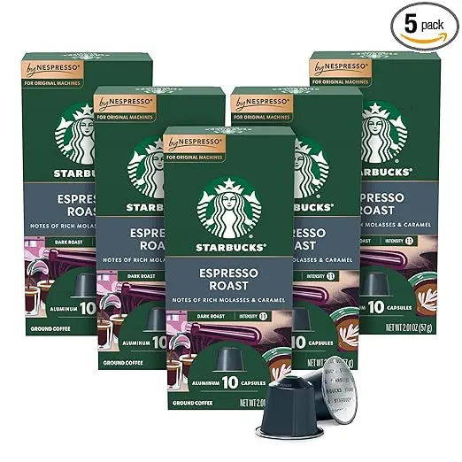 Starbucks Espresso Roast coffee capsules in green boxes with visible branding.