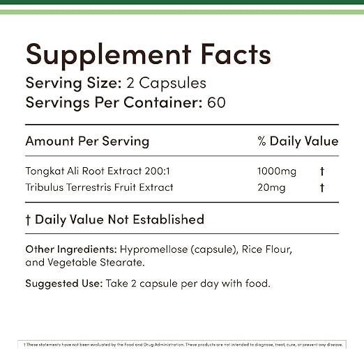 Tongkat Ali - 1000mg (2 Month Supply) - Men's Health - 200:1 Extract of (Longjack) Eurycoma Longifolia, with 20mg Tribulus Terrestris (Third Party Tested) by Double Wood
