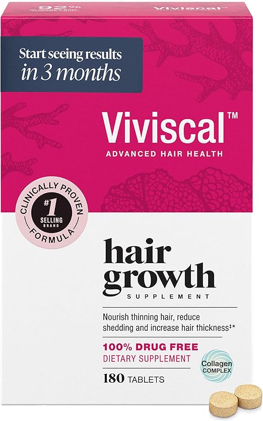 Viviscal Hair Growth Supplements for Women, Thicker Fuller Hair Support for Thinning Hair and Hair Loss, with Biotin and Marine Collagen, Drug-Free, 180 Tablets, 90-Day Supply