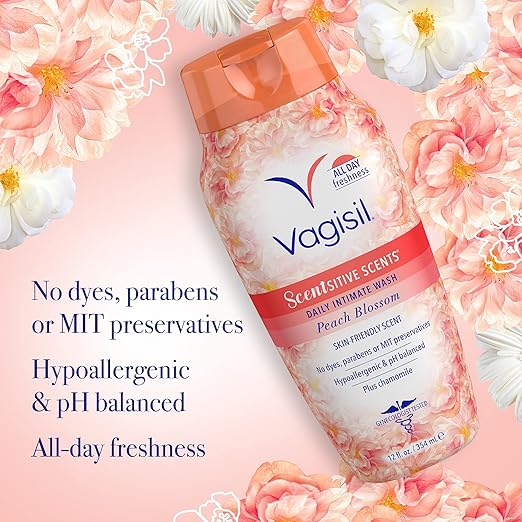 Vagisil Feminine Wash for Intimate Area Hygiene, Scentsitive Scents, pH Balanced and Gynecologist Tested, Peach Blossom, 12 oz (Pack of 1)
