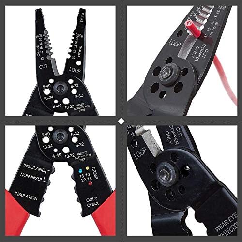 WGGE WG-015 Professional 8-inch Wire Stripper/Crimping Tool, Cable Cutter/Crimper, Wiring and Multi-Function Hand Tool, Red With Black