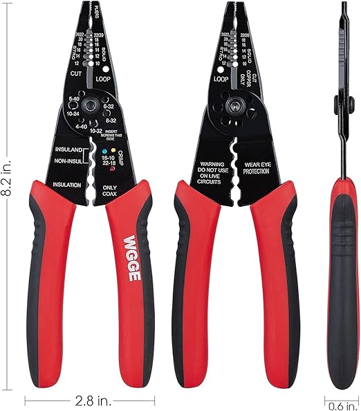 WGGE WG-015 Professional 8-inch Wire Stripper/Crimping Tool, Cable Cutter/Crimper, Wiring and Multi-Function Hand Tool, Red With Black