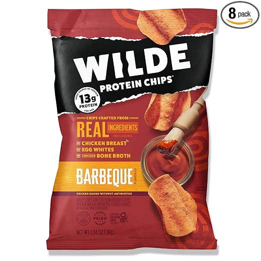 WILDE Protein Chips Barbeque, Thin and Crispy High Protein Snacks, Keto Friendly, Low Carb Chips, Real Ingredients, 1.34oz (Pack of 8)