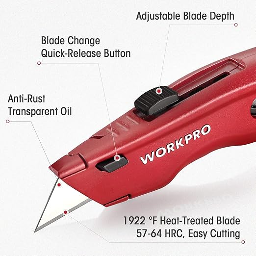 WORKPRO Premium Utility Knife, Retractable All Metal Heavy Duty Box Cutter, Quick Change Blade Razor Knife, with 10 Extra Blades