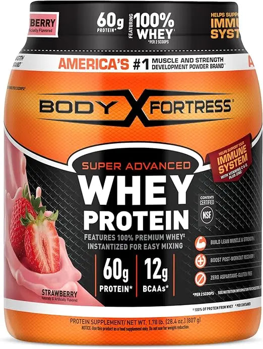 Body Fortress Super Advanced Whey Protein Powder, Strawberry, Immune Support (1), Vitamins C & D Plus Zinc, 1.78 lbs Retailxpres