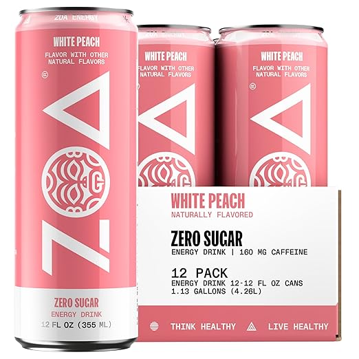 ZOA Zero Sugar Energy Drinks, White Peach - Sugar Free with Electrolytes, Healthy Vitamin C, Amino Acids, Essential B-Vitamins, and Caffeine from Green Tea - 12 Fl Oz (12-Pack)