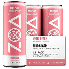 ZOA Zero Sugar Energy Drinks, White Peach - Sugar Free with Electrolytes, Healthy Vitamin C, Amino Acids, Essential B-Vitamins, and Caffeine from Green Tea - 12 Fl Oz (12-Pack)