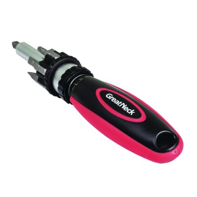 Great Neck Ratcheting Screw/Nut Driver Set, Phillips/Slotted/Star Bits, 7" Long, Black/Red (GNS950DE)