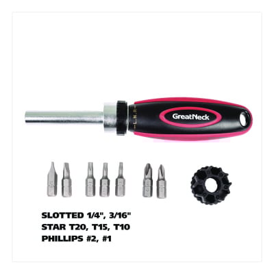 Great Neck Ratcheting Screw/Nut Driver Set, Phillips/Slotted/Star Bits, 7" Long, Black/Red (GNS950DE)