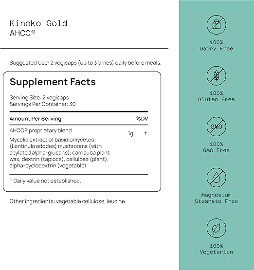 Quality of Life Premium Kinoko Gold AHCC Supplement, 500 mg per Capsule, Supports Immune Health, Liver Function, Maintains Natural Killer Cell Activity & Enhances Cytokine Production, 60 Veg Capsules